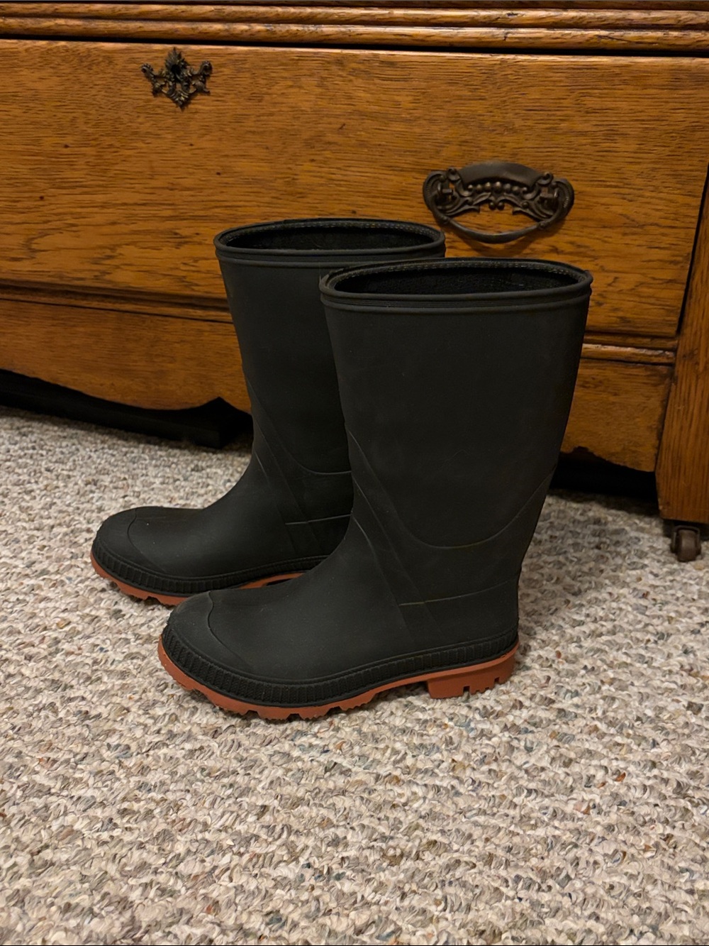 Kid’s Black Waterproof Rubber Work Boots with Brown Outsole